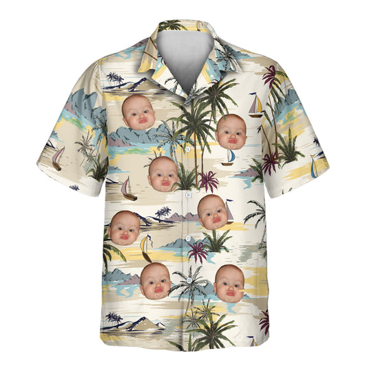 Custom Hawaiian shirts with serene palm trees, ocean waves, and shirts with faces on them, offering a peaceful, tropical look for any laid-back occasion.