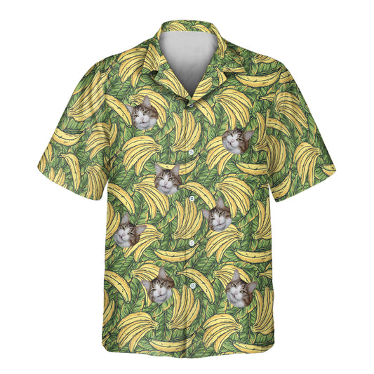 Bright and fun custom Hawaiian shirts with banana prints and tropical vibes. Unique shirts with faces on them for a bold summer fashion statement.