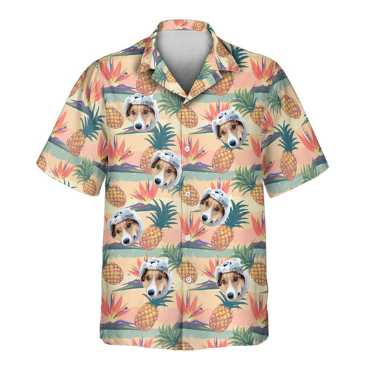 Custom Hawaiian shirts with faces on them, featuring vibrant bird of paradise flowers and pineapples on a bold tropical background, perfect for a fresh, fun vibe.