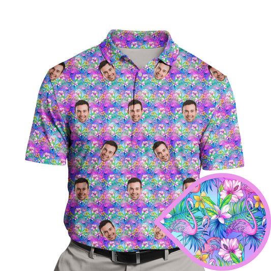 Funny golf shirts with faces on them featuring tropical flamingos.