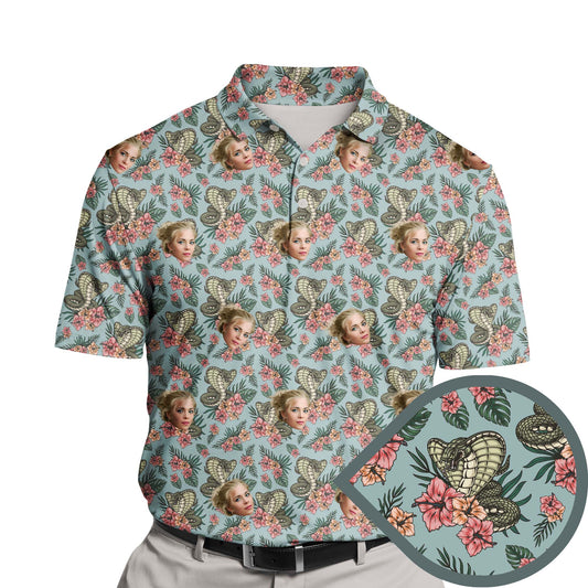 Funny golf shirts with faces on them in tropical designs.