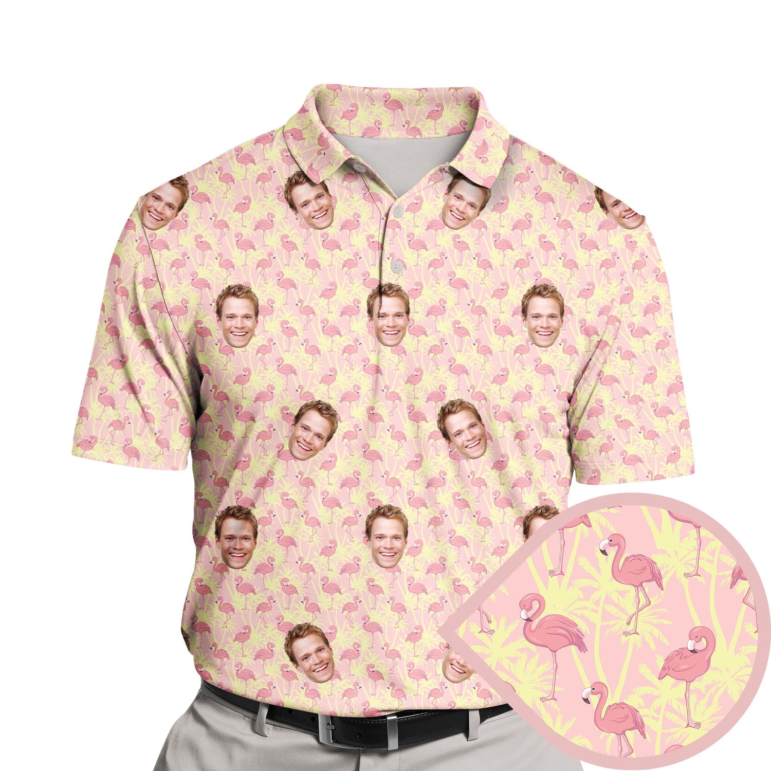 Funny golf shirts with faces on them featuring tropical flamingo designs.