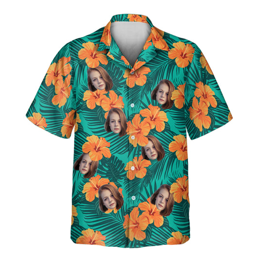 A Tropical Flowers and Palm Leaves Custom Hawaiian Shirt featuring vibrant hibiscus flowers, lush palm leaves, and tropical greenery. This comfortable, short-sleeve shirt offers a relaxed fit, perfect for beach vacations, summer parties, or casual island wear, with a bold and exotic floral design.