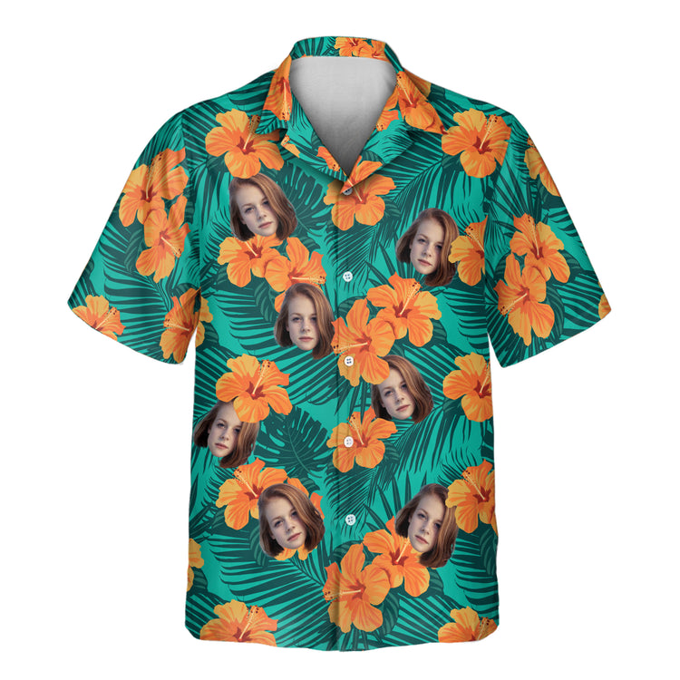 A Tropical Flowers and Palm Leaves Custom Hawaiian Shirt featuring vibrant hibiscus flowers, lush palm leaves, and tropical greenery. This comfortable, short-sleeve shirt offers a relaxed fit, perfect for beach vacations, summer parties, or casual island wear, with a bold and exotic floral design.