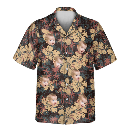 Custom Hawaiian shirts with hibiscus flowers and palm trees on a grunge background. Add faces on them for a fun, laid-back tropical style."