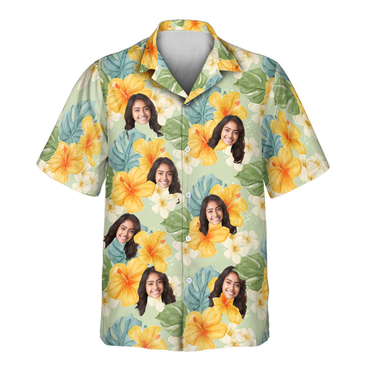 Custom Hawaiian shirts with yellow hibiscus flowers and tropical plants on light green. Add faces on them for a vibrant, laid-back island vibe.