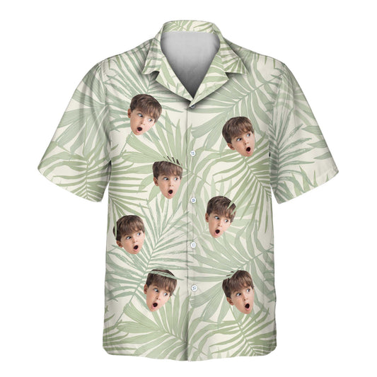 Custom Hawaiian shirts with vibrant tropical leaf designs. Add faces on them for a fresh, nature-inspired look that's perfect for a relaxed, tropical vibe.