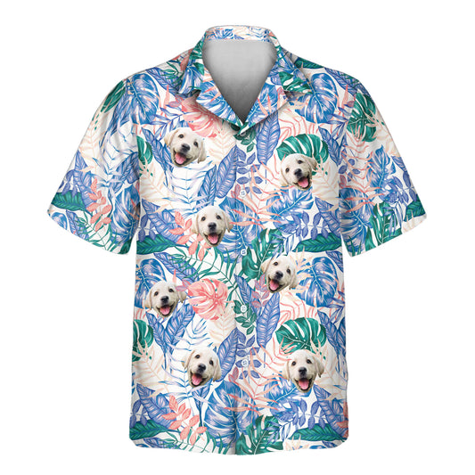 Custom Hawaiian shirts with vibrant tropical leaves, including philodendron, palm fronds, and ferns—perfect shirts with faces on them for a nature-inspired look.