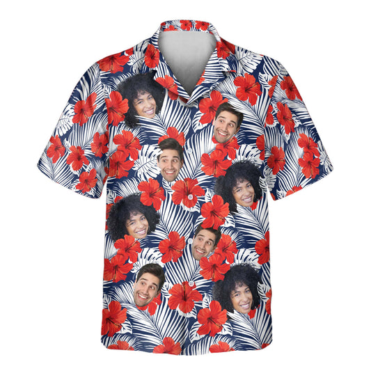 Tropical Red Flowers custom Hawaiian shirts with faces on them, showcasing vibrant red floral patterns and palm leaves, perfect for summer beach outings.