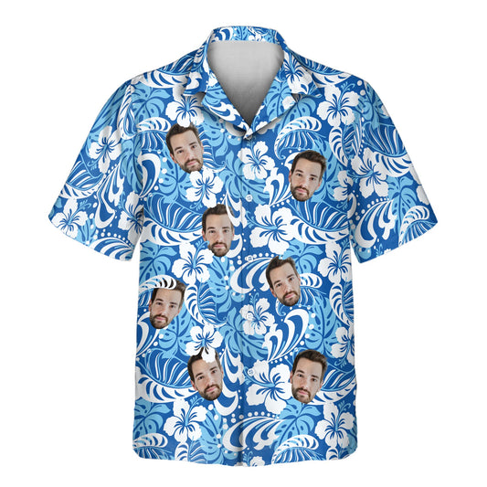 Tropical Royal Blue Custom Hawaiian Shirts featuring hibiscus and leaf patterns, perfect for showcasing shirts with faces on them or personalized designs.