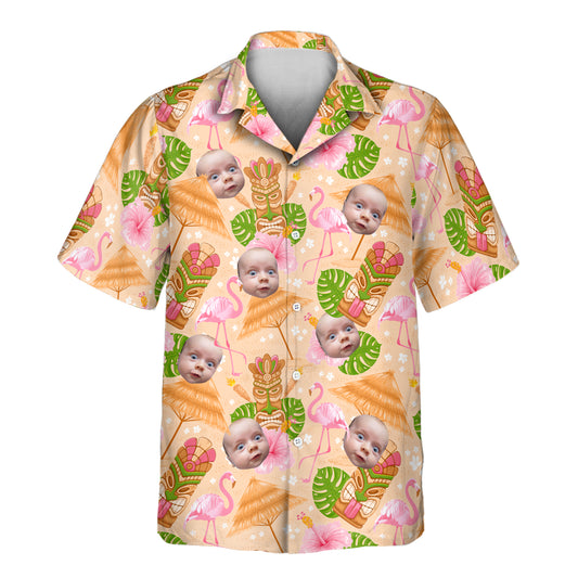Tropical Tiki Grill Fest Custom Hawaiian Shirts with vibrant hibiscus, tiki masks, and exotic patterns. Perfect shirts with faces on them for a tropical BBQ.