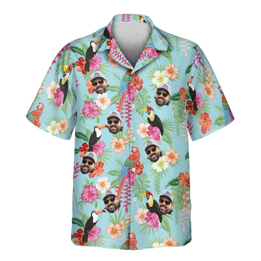 Custom Hawaiian shirts with faces on them featuring colorful toucans, macaws, palm leaves, and hibiscus flowers for a tropical island-inspired look.