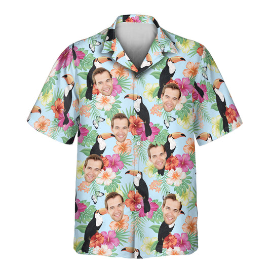 Tropical Wonderland Custom Hawaiian Shirts feature vibrant hibiscus flowers and toucans, perfect for personalizing with logos or shirts with faces on them.