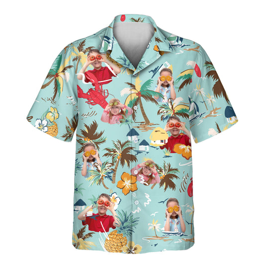 Custom Hawaiian shirts with vibrant hibiscus, palm trees, pineapples, and sailboats on turquoise. Add faces on them for a fun, tropical island look.