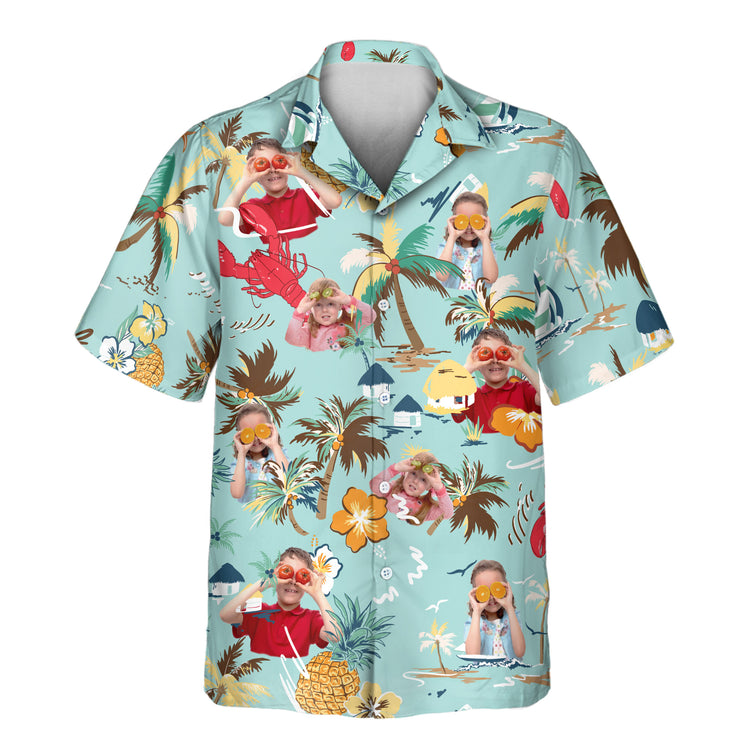 Custom Hawaiian shirts with vibrant hibiscus, palm trees, pineapples, and sailboats on turquoise. Add faces on them for a fun, tropical island look.