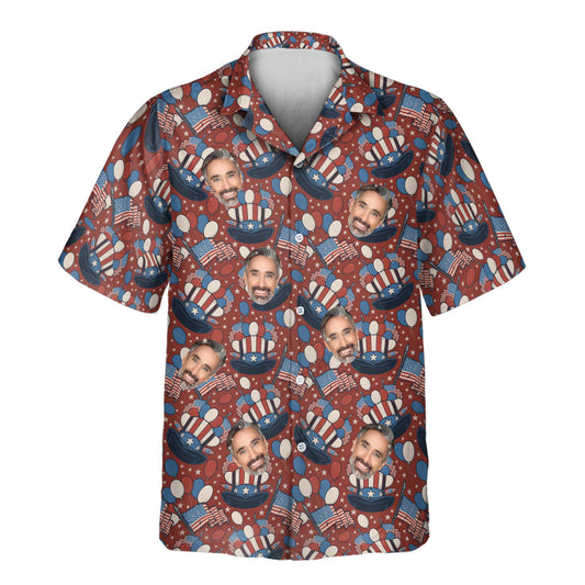Custom Hawaiian shirts with faces on them featuring Uncle Sam’s hat, waving flags, and festive balloons in red, white, and blue for a patriotic look.