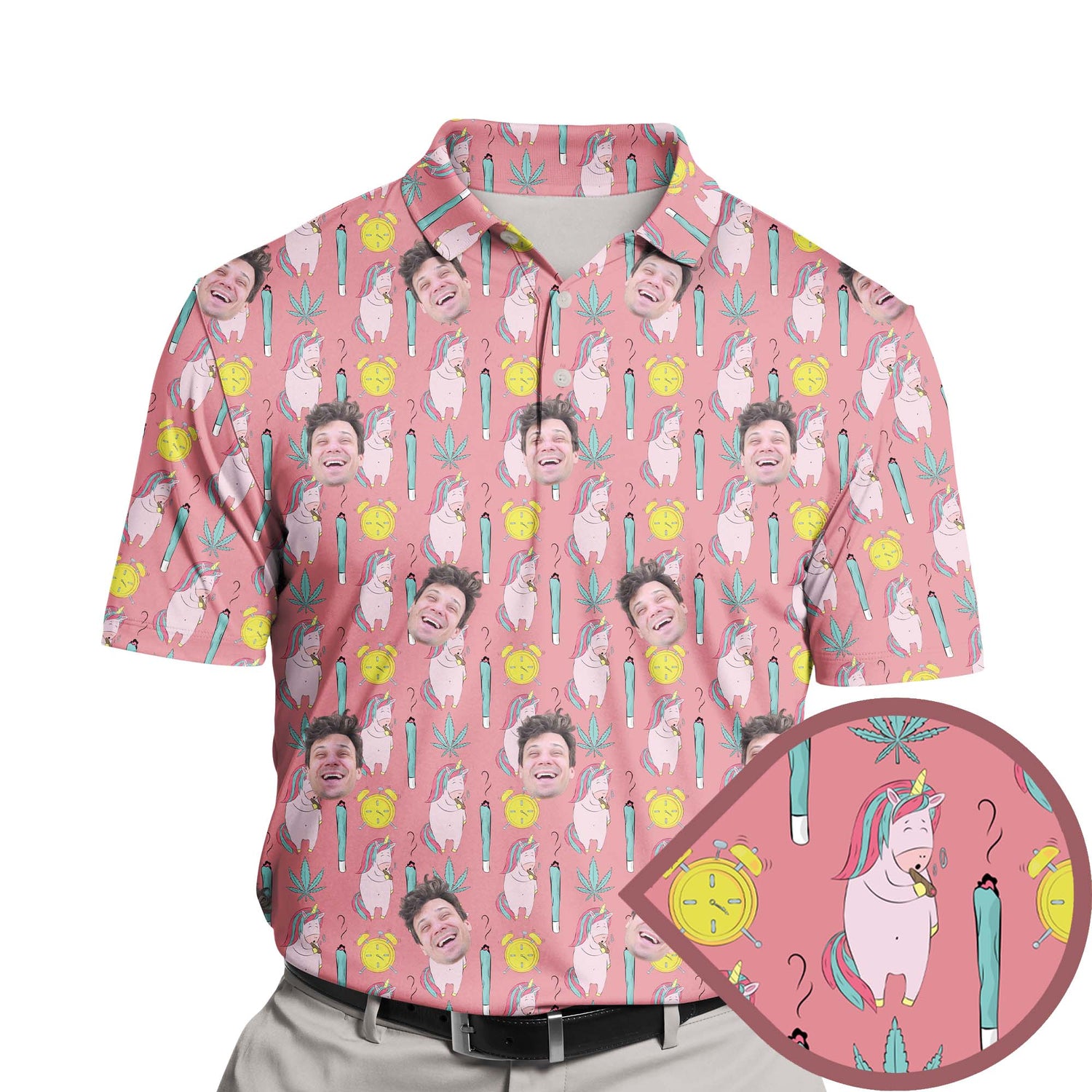 Funny golf shirts with faces on them, featuring colorful cannabis designs.
