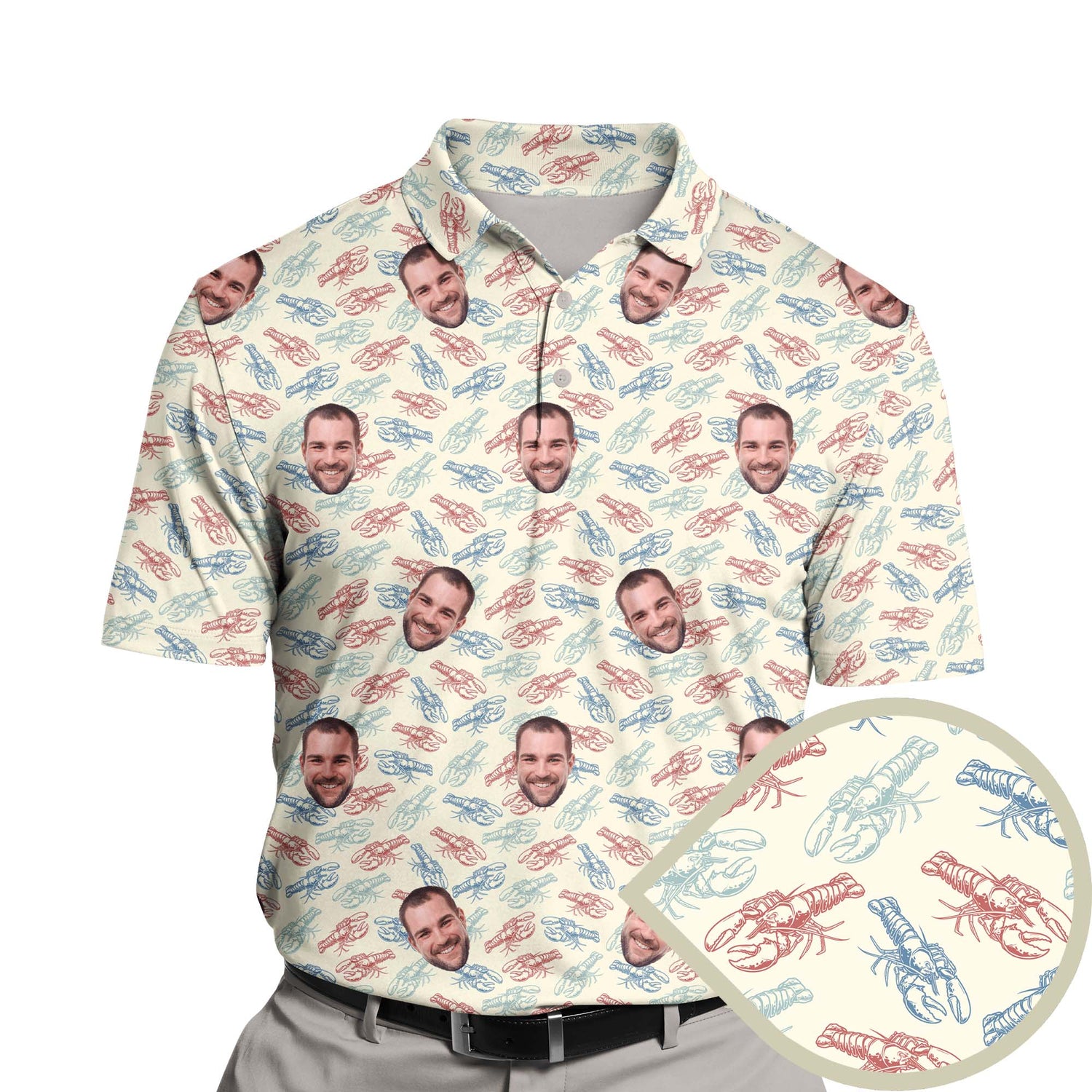 Funny golf shirts with faces on them featuring vibrant crab graphics.