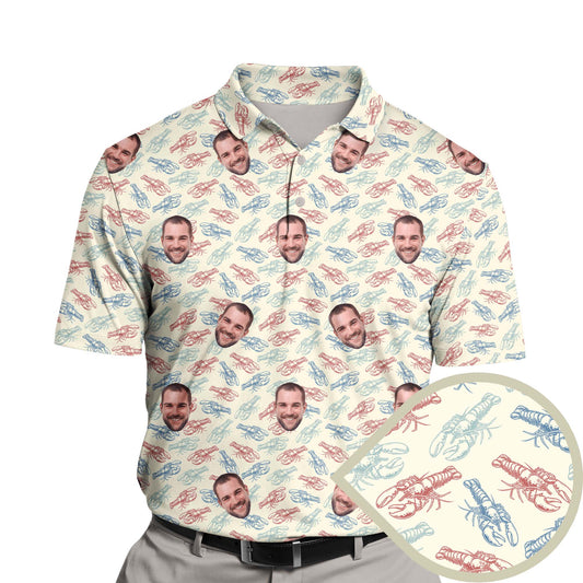 Funny golf shirts with faces on them featuring vibrant crab graphics.