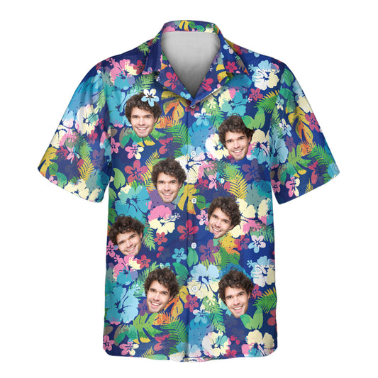 Custom Hawaiian shirts with bold hibiscus flowers in electric colors. Personalize shirts with faces on them for a vibrant, tropical paradise vibe.