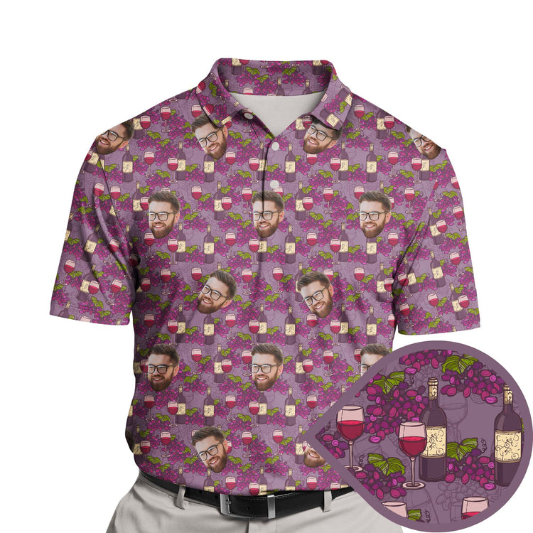 Funny golf shirts with faces on them featuring wine bottles and grapes.