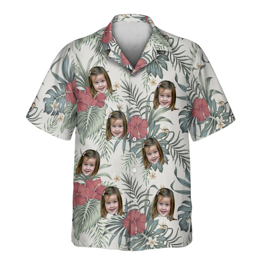 Custom Hawaiian shirts with vintage hibiscus, plumeria, and palm leaves on grey. Add faces on them for a retro tropical vibe perfect for any occasion.