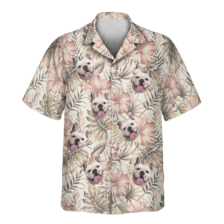 Custom Hawaiian shirts with vintage hibiscus flowers and palm leaves. Personalize shirts with faces on them for a fun, retro tropical look.