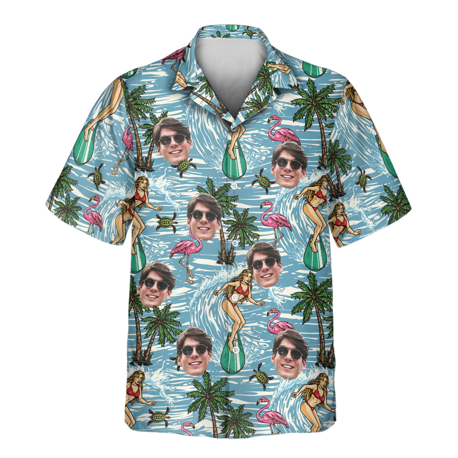 Custom Hawaiian shirts with retro surfboards, palm trees, and flamingos. Personalize shirts with faces on them for a fun, vibrant look perfect for beach adventures.
