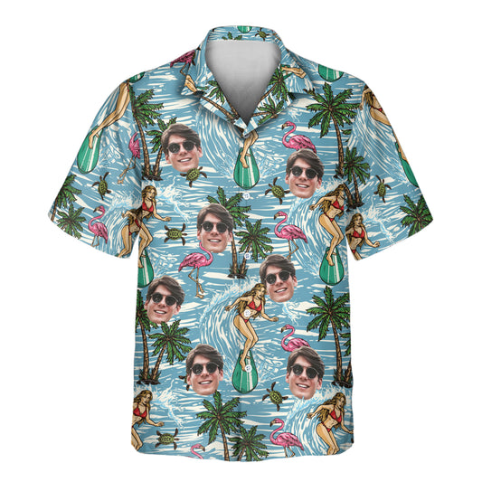 Custom Hawaiian shirts with retro surfboards, palm trees, and flamingos. Personalize shirts with faces on them for a fun, vibrant look perfect for beach adventures.