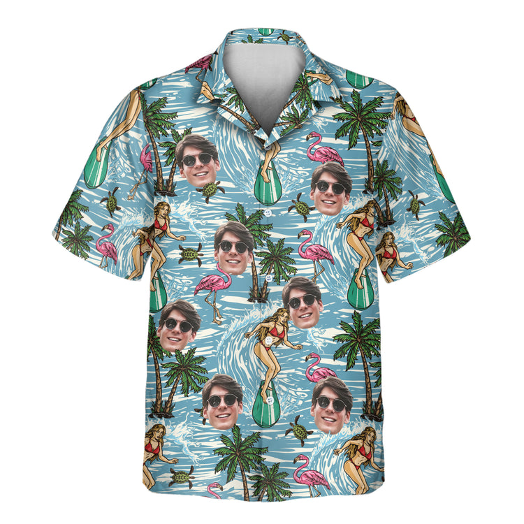 Custom Hawaiian shirts with retro surfboards, palm trees, and flamingos. Personalize shirts with faces on them for a fun, vibrant look perfect for beach adventures.