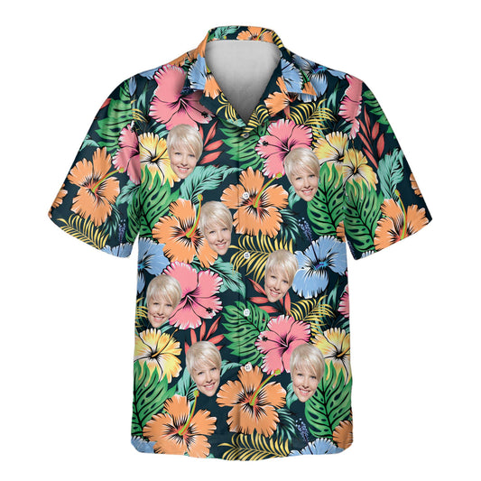 Bright and colorful custom Hawaiian shirts with faces on them, featuring tropical flowers, palm trees, and ocean waves. Perfect for casual summer wear.