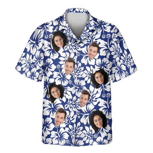 Bright and colorful custom Hawaiian shirts with faces on them, featuring palm trees, ocean waves, and summer patterns. Perfect for vacations and casual wear.