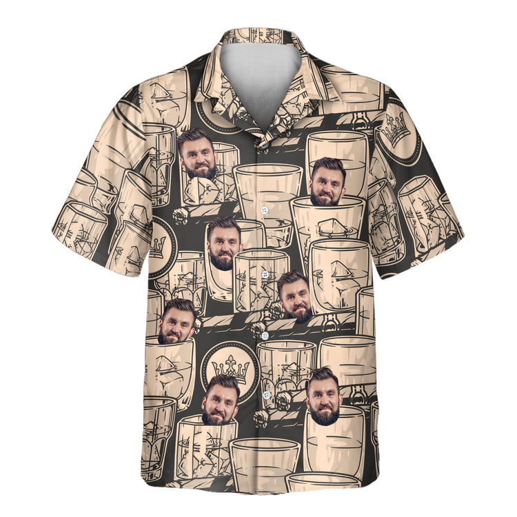 Custom Hawaiian shirts featuring whiskey and cigar designs in black and antique ivory. Personalize shirts with faces on them for a refined, vintage style.