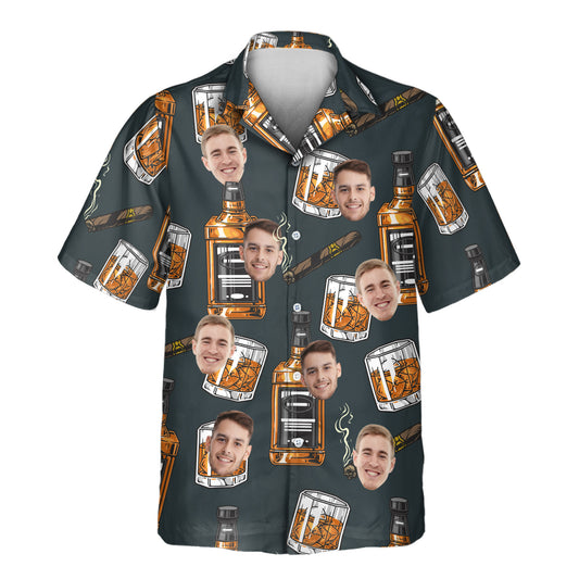 Custom Hawaiian shirts with whiskey glasses and cigar designs. Personalize shirts with faces on them for a laid-back, stylish look perfect for enthusiasts.