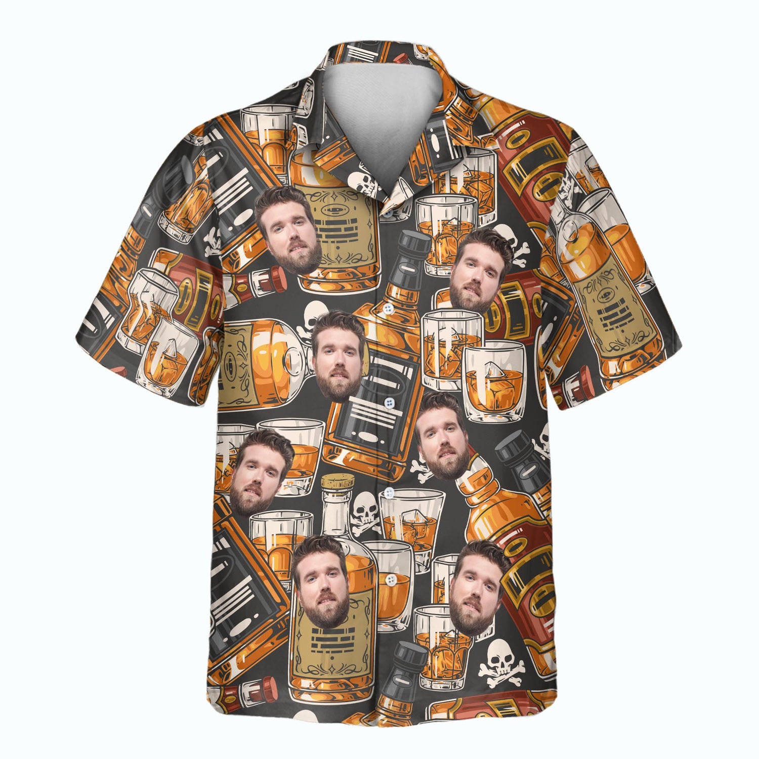 Custom Hawaiian shirts with bold whiskey bottles and skull designs. Personalize shirts with faces on them for a retro, unique look at any event.