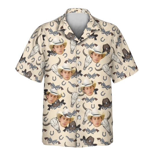 Bold Wild West-themed custom Hawaiian shirts with faces on them, featuring sheriff badges, cowboy hats, and revolvers for a rugged frontier look.