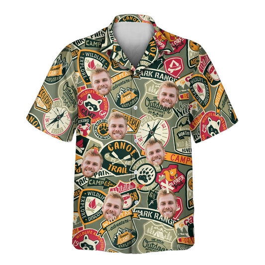 Custom Hawaiian shirts featuring mountains, wildlife, and camping gear. Personalize shirts with faces on them for a unique outdoor adventure look.
