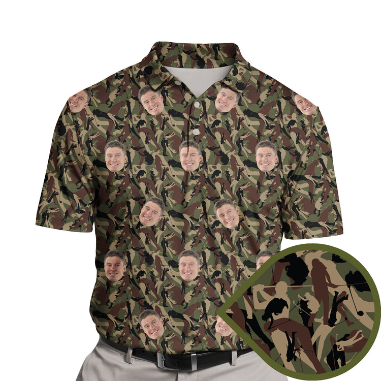 Funny golf shirts with faces on them in camouflage design.