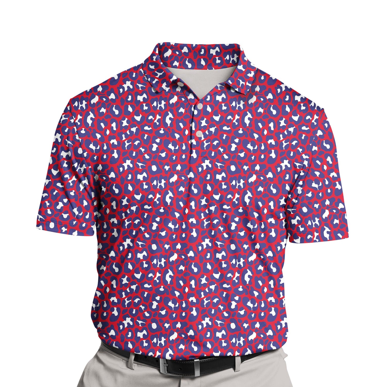 Brightly colored funny golf shirts with faces on them for July 4th.