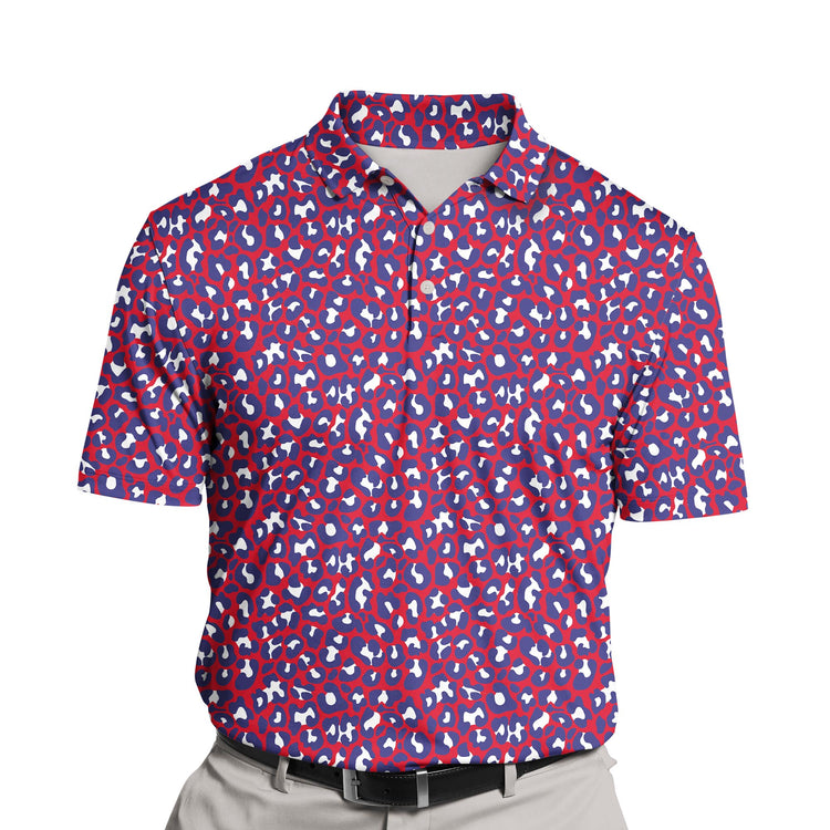 Brightly colored funny golf shirts with faces on them for July 4th.