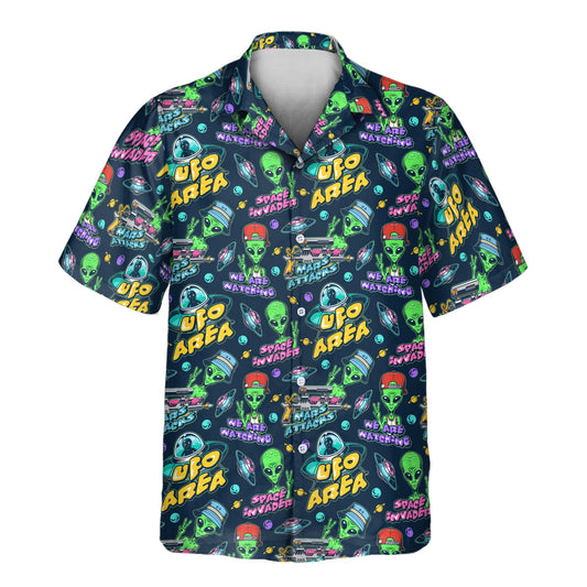 Bold custom Hawaiian shirts showcasing alien landscapes, flying saucers, and shirts with faces on them, designed for a fun, wrinkle-free look at any event.