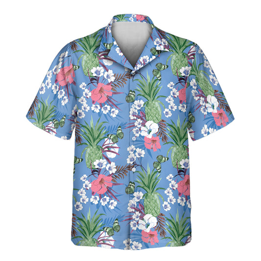Colorful custom Hawaiian shirts with tropical flowers, pineapples, and shirts with faces on them, perfect for a fun, lightweight look at any event.