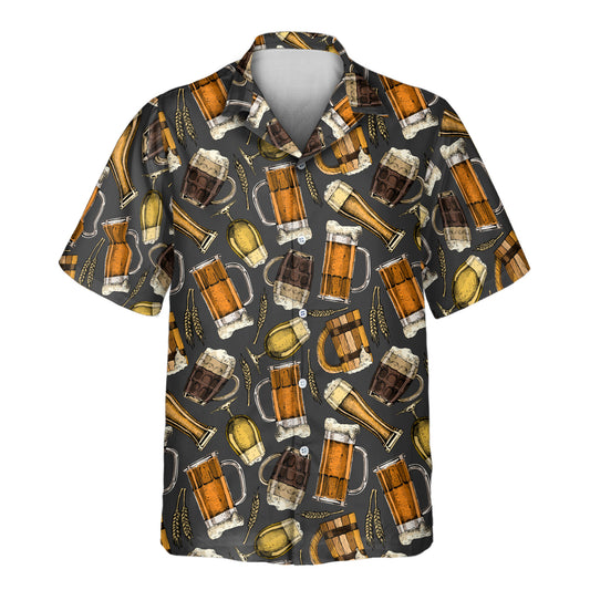 Party-ready custom Hawaiian shirts with faces on them, featuring beer-themed designs with mugs and pints, offering a colorful, laid-back vibe for any event.