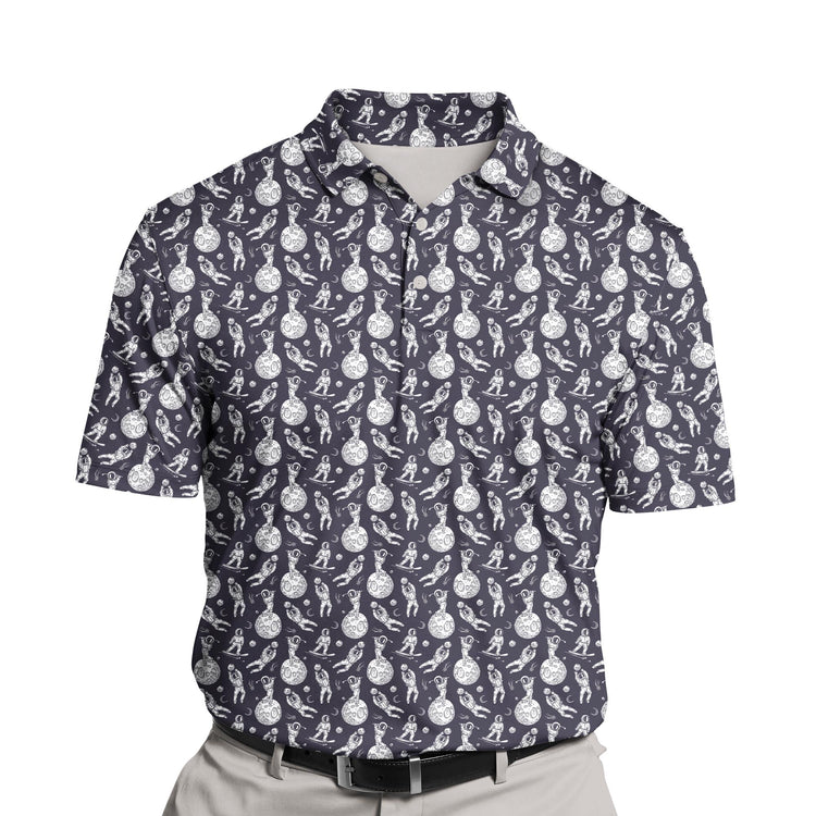 Customizable funny golf shirts with astronaut graphics.