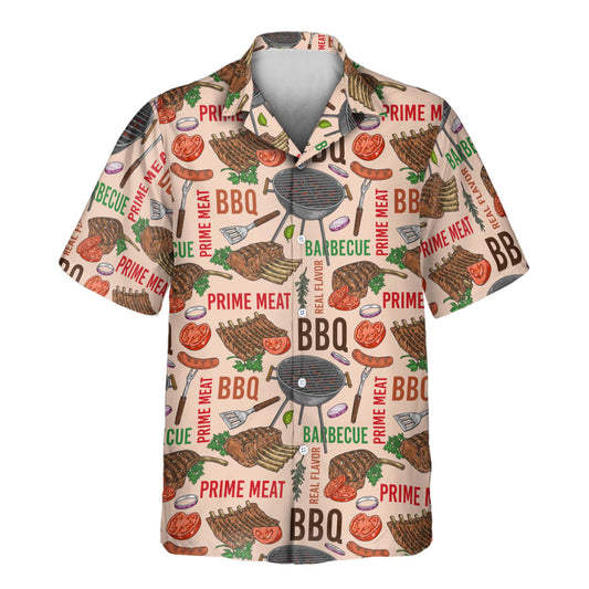 Custom Hawaiian shirts featuring vibrant BBQ themes, flames, and grill icons. These playful shirts with faces on them add fun to any cookout or summer party.