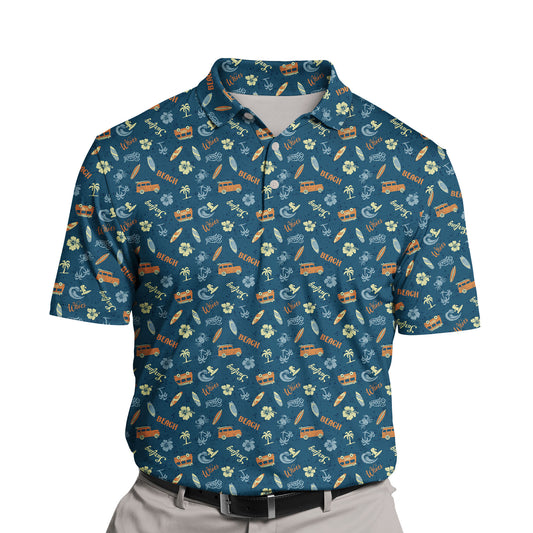 Colorful funny golf shirts with faces on them and cartoon characters.