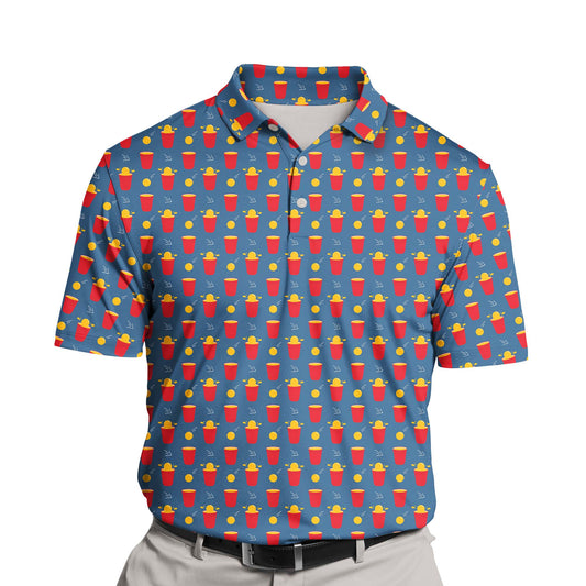 Close-up of funny golf shirts with faces on them, showcasing Beer Pong graphics.
