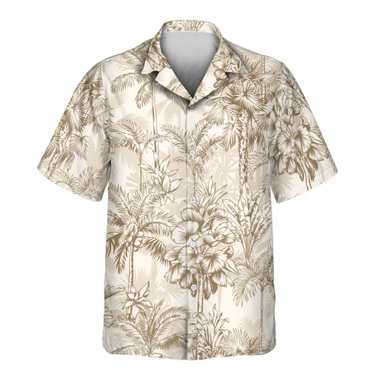 Monochrome beige custom Hawaiian shirts with faces on them, featuring stylish palm tree designs, perfect for a lightweight, tropical look at casual events.