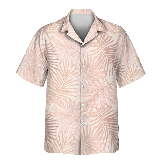 Pastel blush pink custom Hawaiian shirts with faces on them, featuring tropical leaf designs, offering a soft, stylish touch for beach days and casual outings.