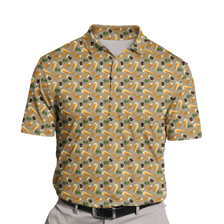 Custom golf clothing showcasing funny beer-themed designs and faces.